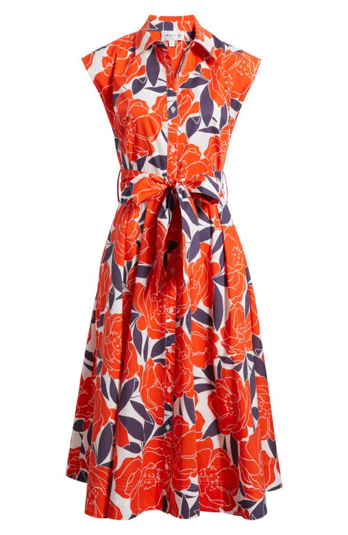Milly Jules Camellia Floral Belted Poplin Fit & Flare Dress In Coral Multi