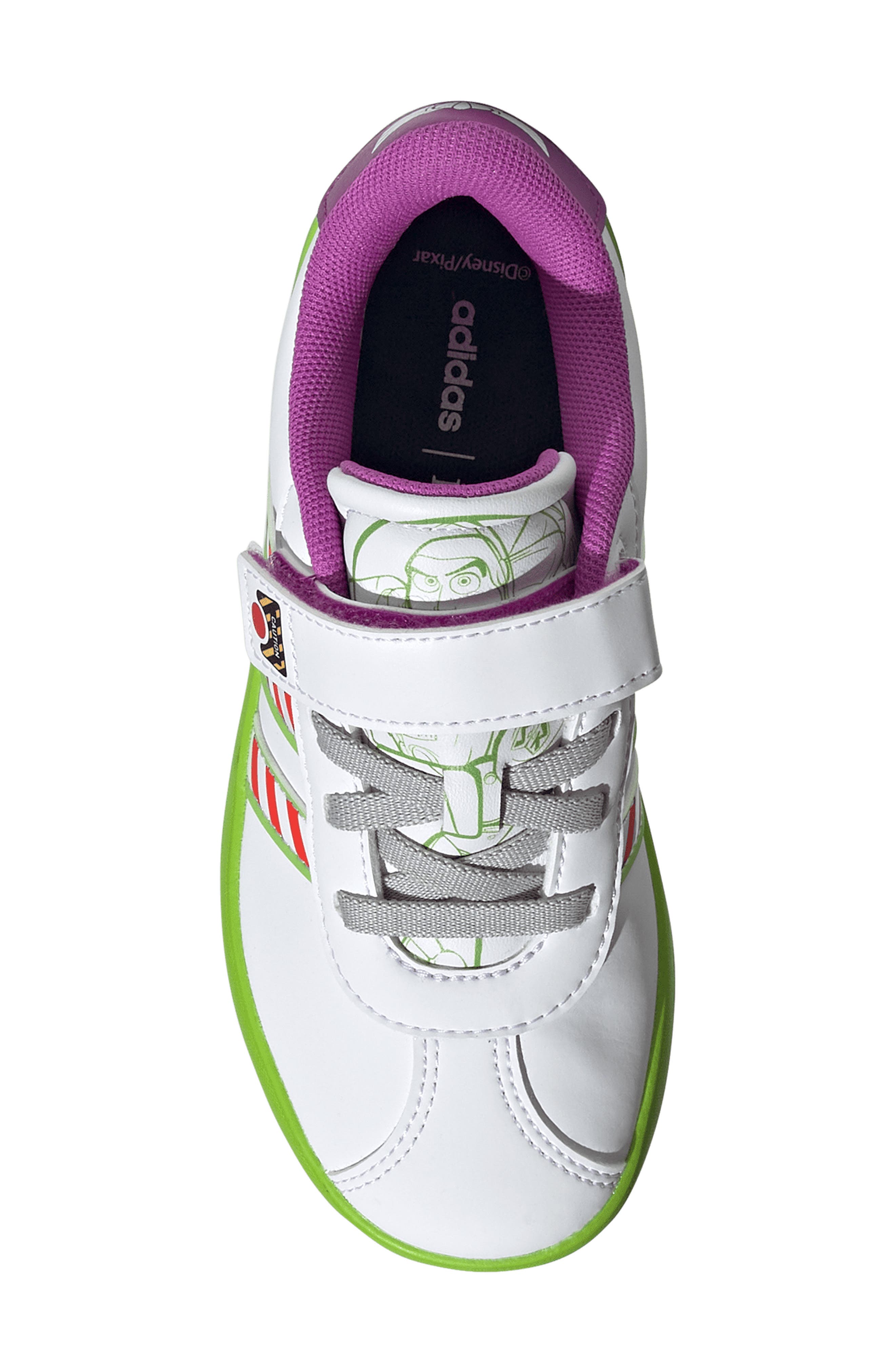 adidas Kids' Disney Buzz Court Sneaker, Alternate, color, Footwear White/ Solar Green