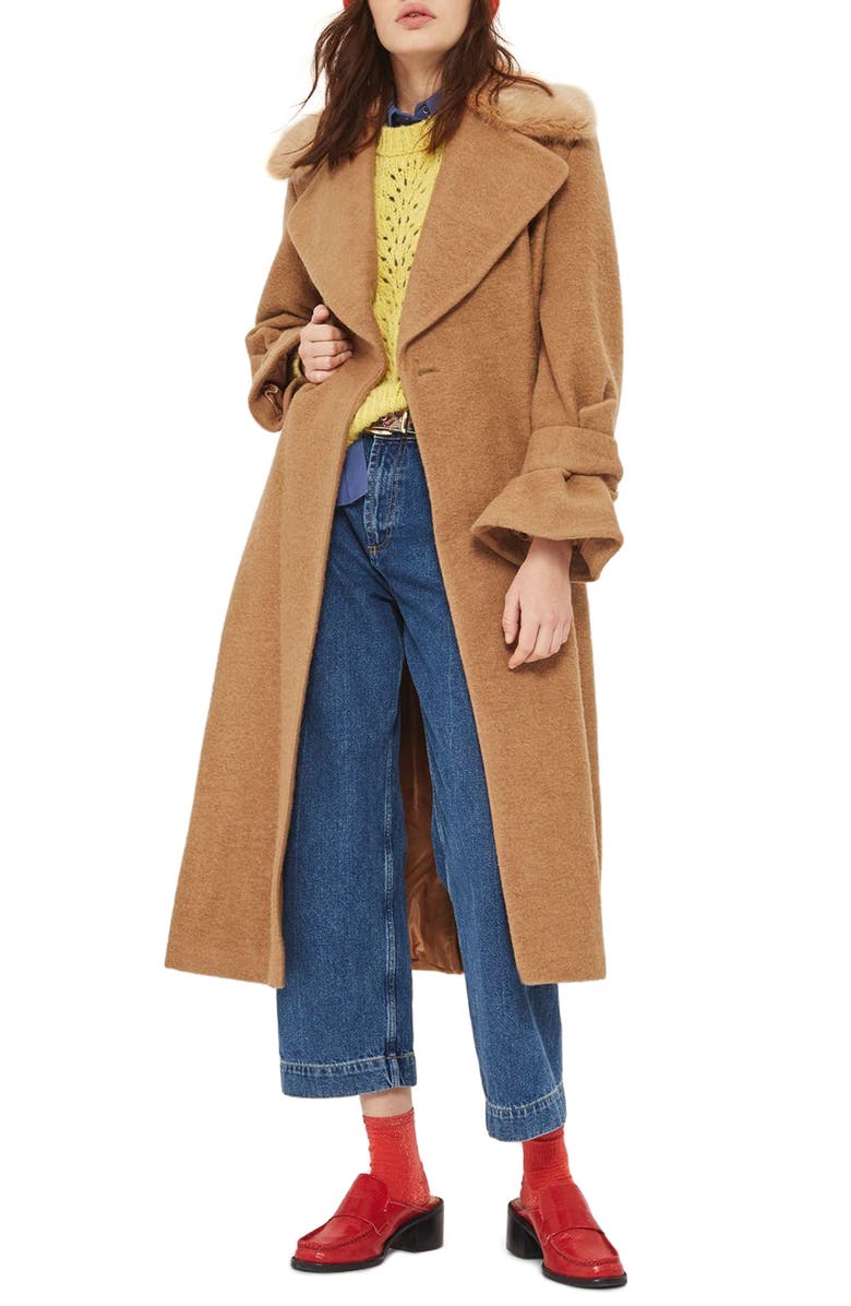Topshop Faux Fur Collar Belted Wool Blend Coat, Main, color, 