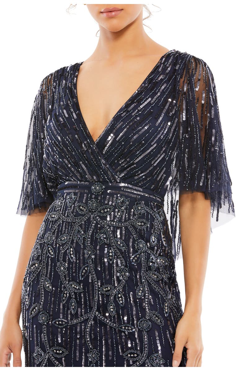 Mac Duggal Embellished Cap Sleeve Faux Wrap Trumpet Gown, Alternate, color, Midnight