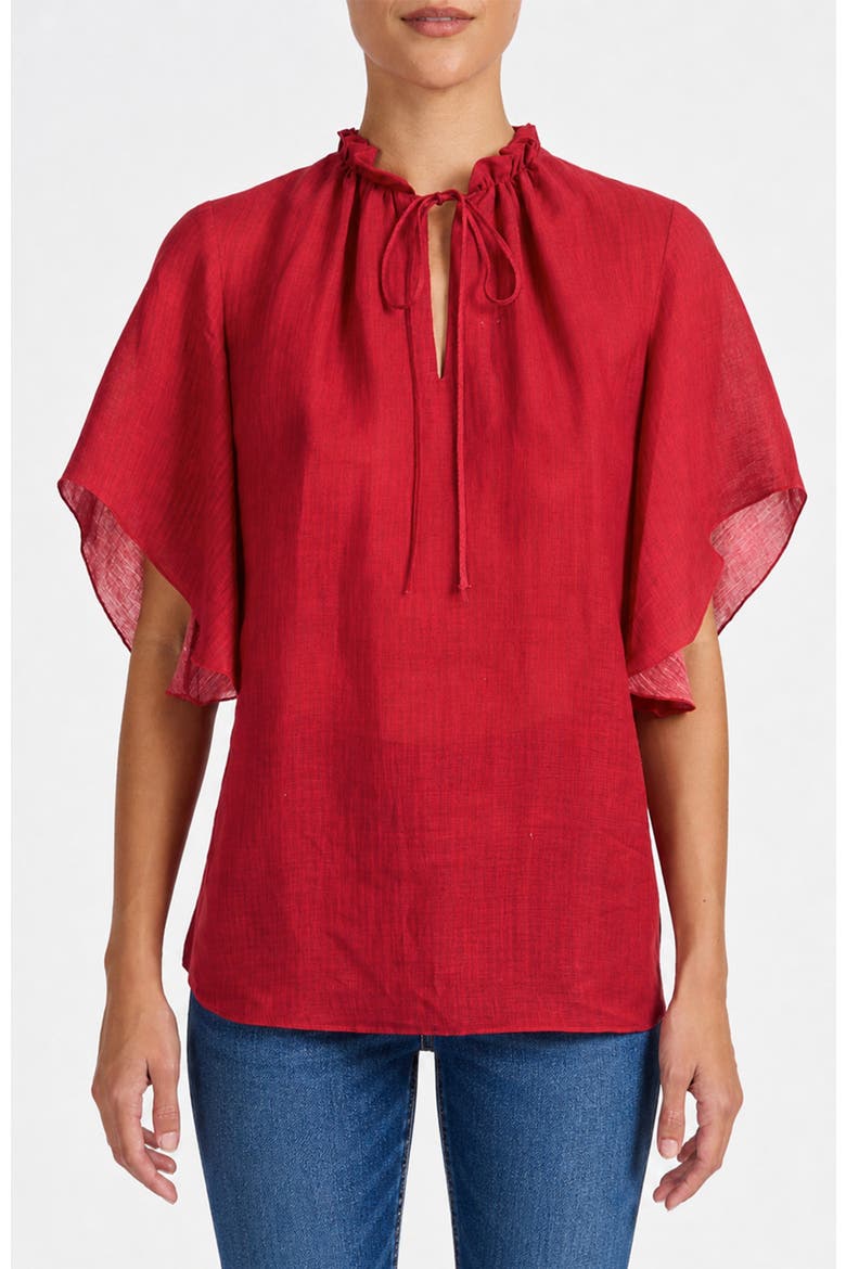 Guita Flutter Sleeve Blouse in Floral Linen Blend, Main, color, Chili Pepper