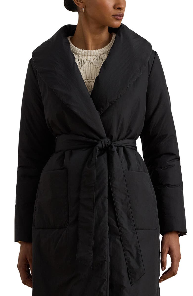 Lauren Ralph Lauren Puffer Long Wrap Jacket, Alternate, color, Black