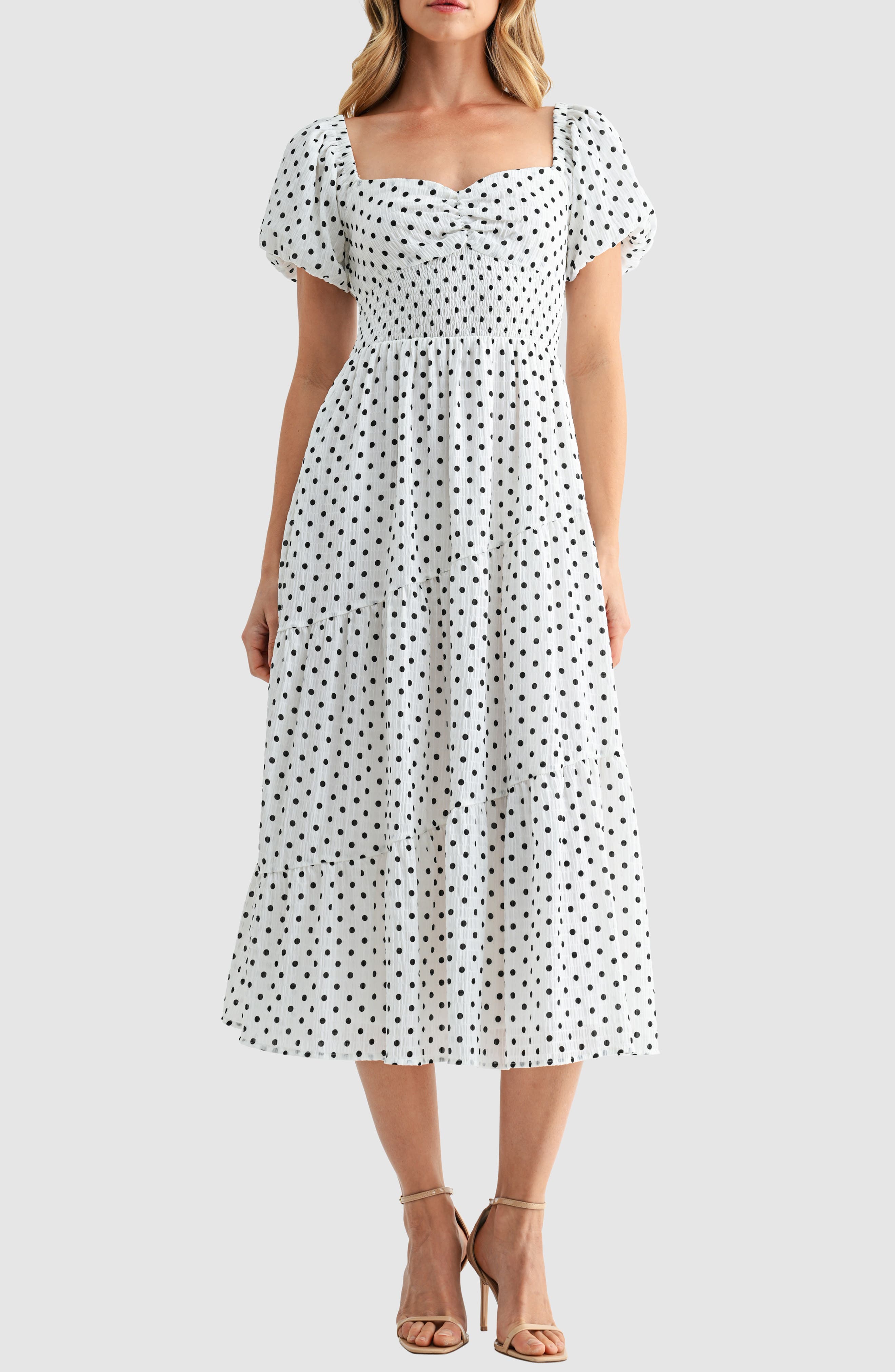 Lush Polka Dot Smocked Midi Dress