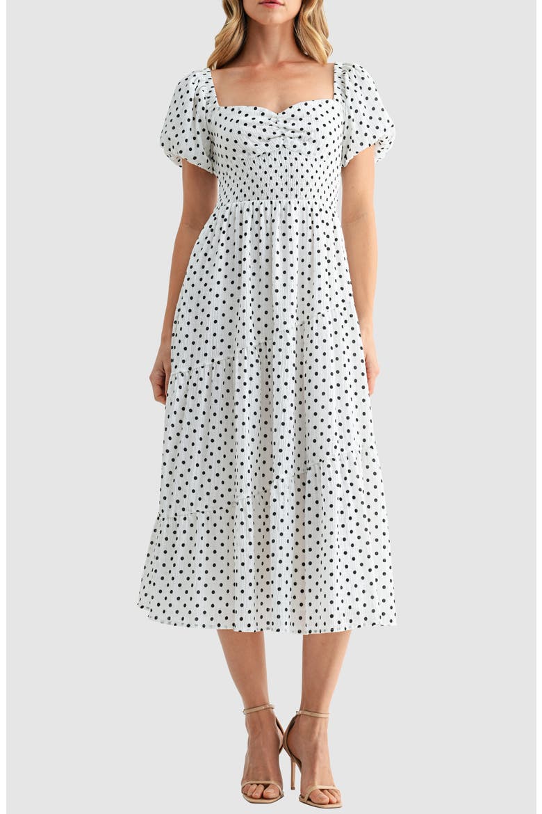 Polka Dot Smocked Midi Dress, Main, color, CREAM DOT