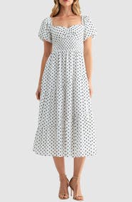 Lush Polka Dot Smocked Midi Dress