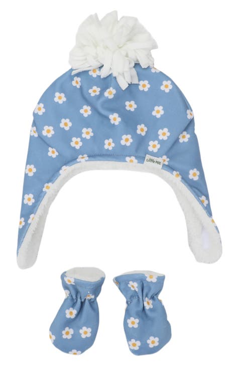 Daisy Pompom Fleece Pilot Beanie & Mittens Set (Baby)