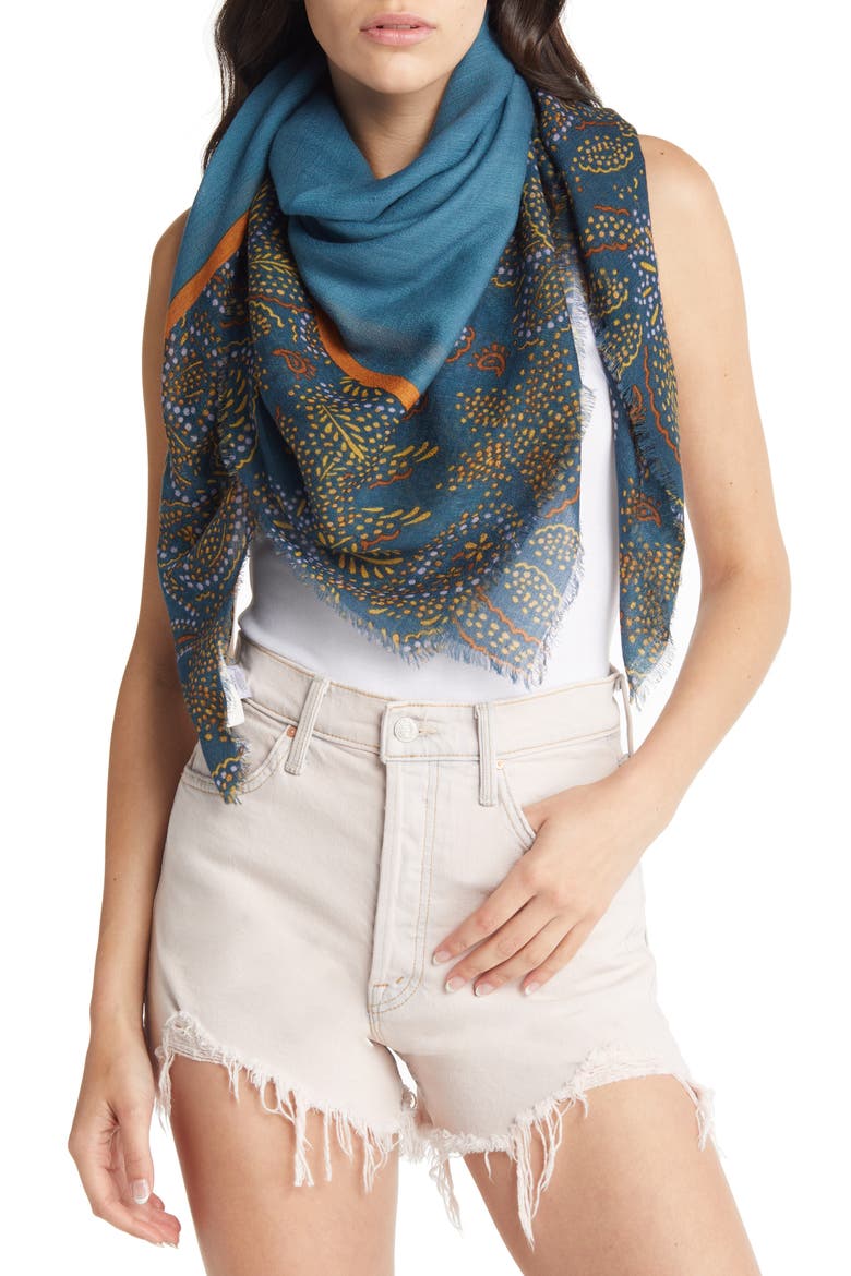 Print Square Wool Scarf, Main, color, TEAL PINPOINT PAISLEY