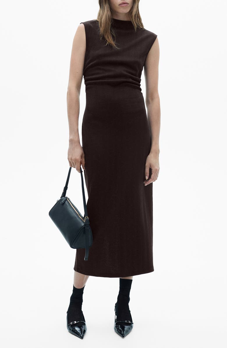 MANGO Gathered Detail Herringbone Stitch Knit Dress, Main, color, Chocolate