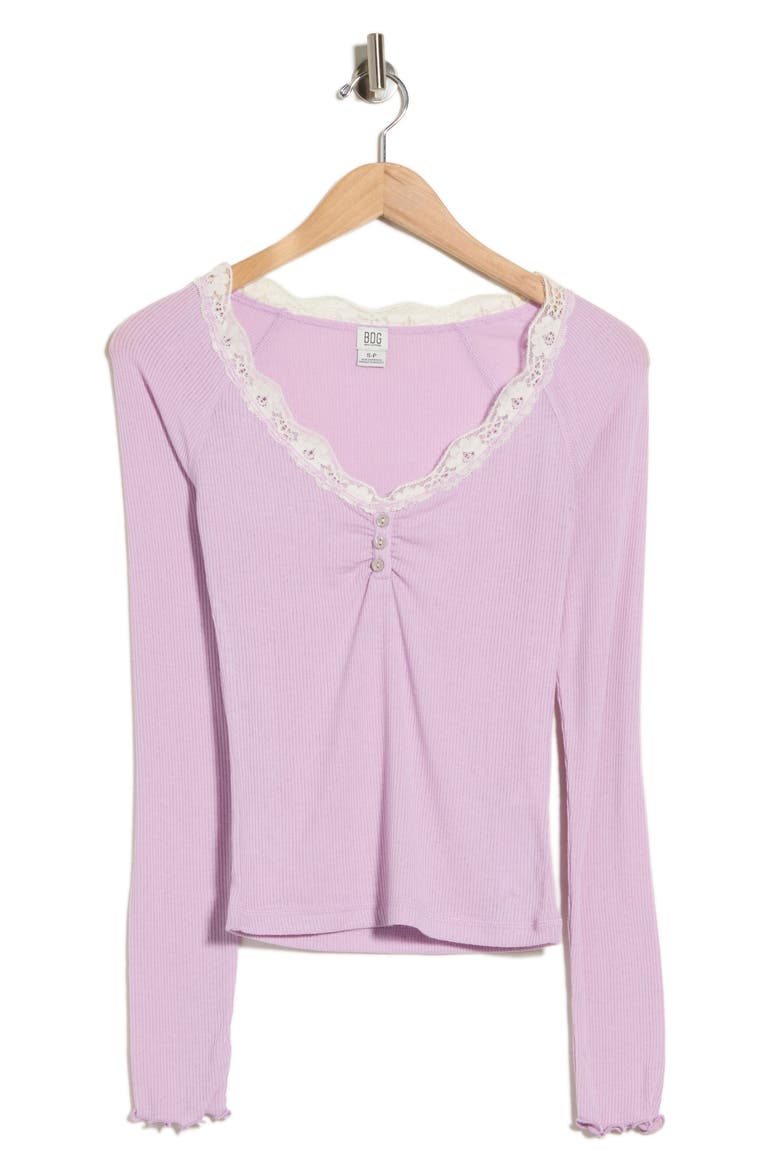 Diana Lace Trim Crop Rib Knit Henley, Main, color, LILAC