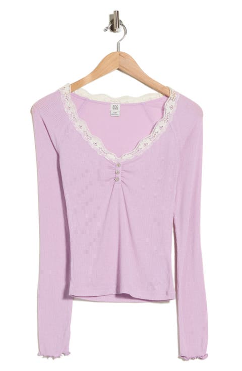 Diana Lace Trim Crop Rib Knit Henley