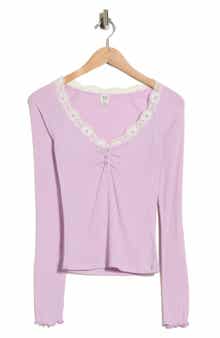 Diana Lace Trim Crop Rib Knit Henley