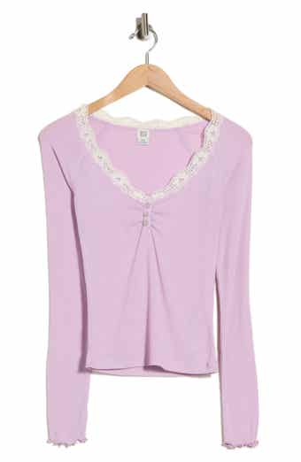 Diana Lace Trim Crop Rib Knit Henley