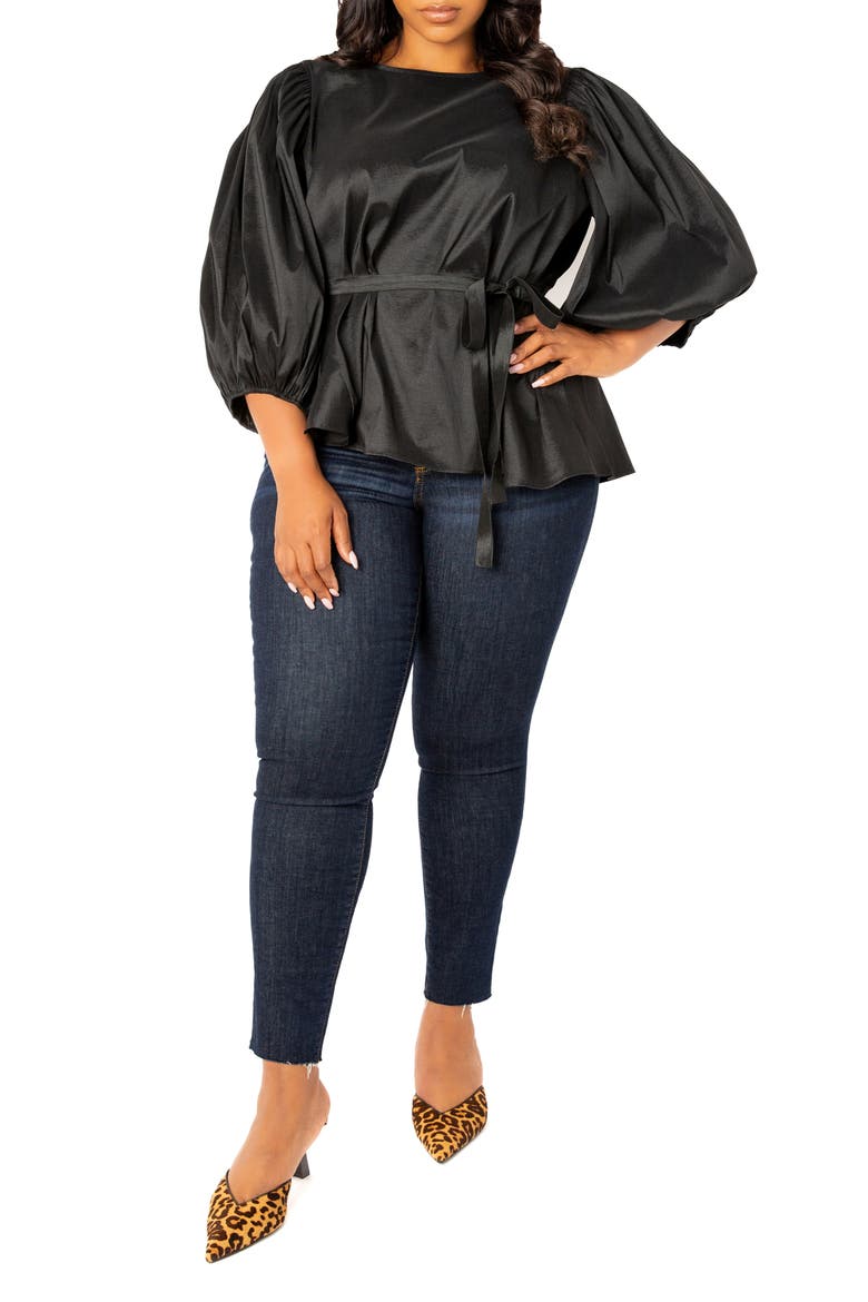 Tie Waist Voluminous Elbow Sleeve Taffeta Peplum Top, Alternate, color, BLACK
