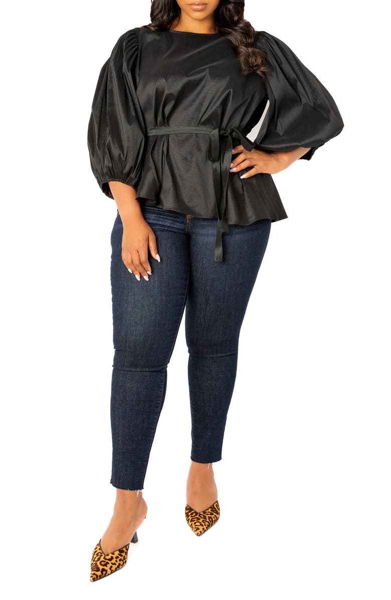 BUXOM COUTURE Tie Waist Voluminous Elbow Sleeve Taffeta Peplum Top, Alternate, color, Black