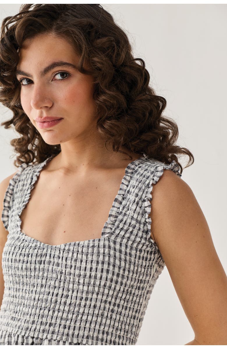 Reistor Smocked Maxi Dress in Checks, Alternate, color, Charcoal Check