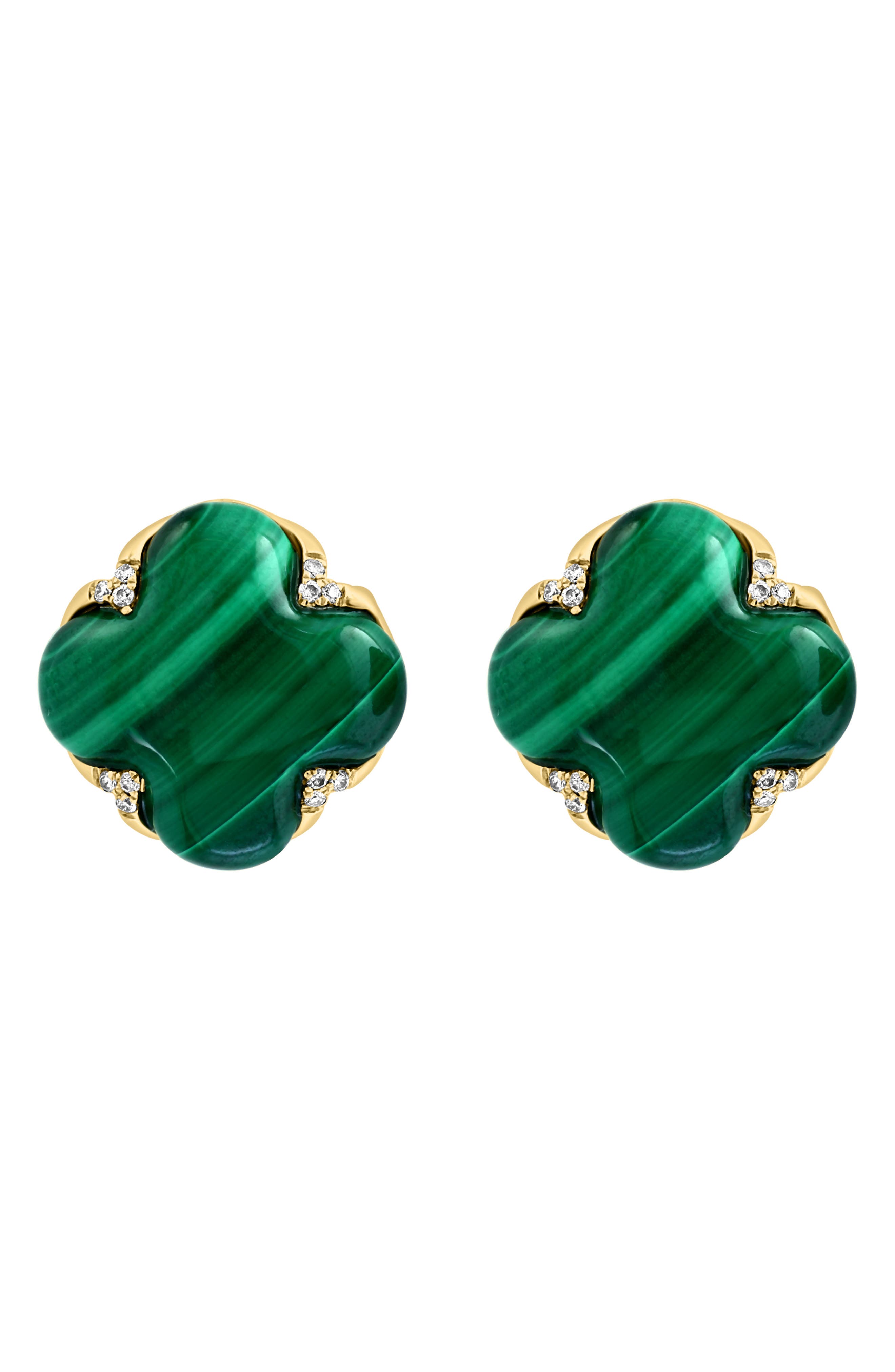 EFFY 14K Yellow Gold Malachite & Diamond Clover Stud Earrings - 0.06ct.