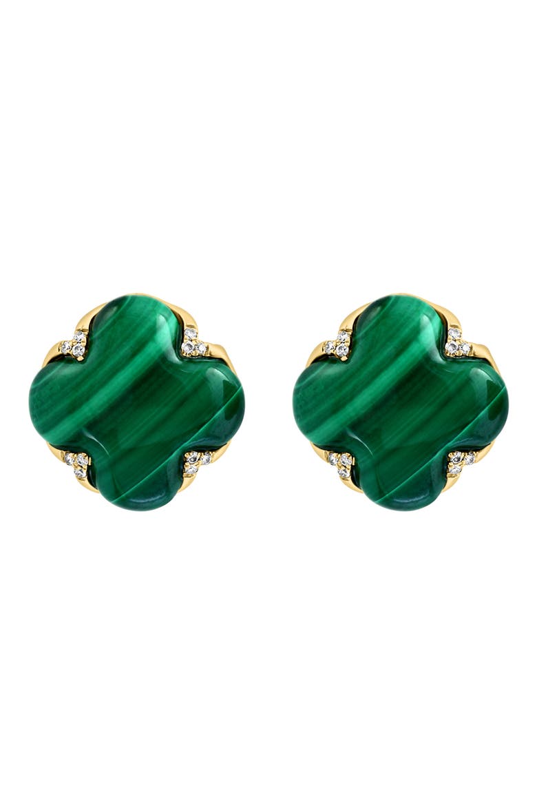 14K Yellow Gold Malachite & Diamond Clover Stud Earrings - 0.06ct., Main, color, GREEN