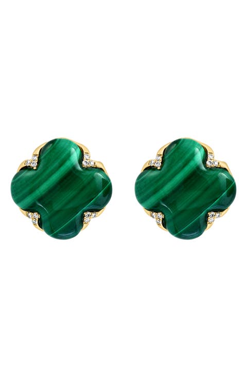 14K Yellow Gold Malachite & Diamond Clover Stud Earrings - 0.06ct.