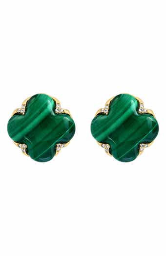 EFFY 14K Yellow Gold Malachite & Diamond Clover Stud Earrings - 0.06ct.