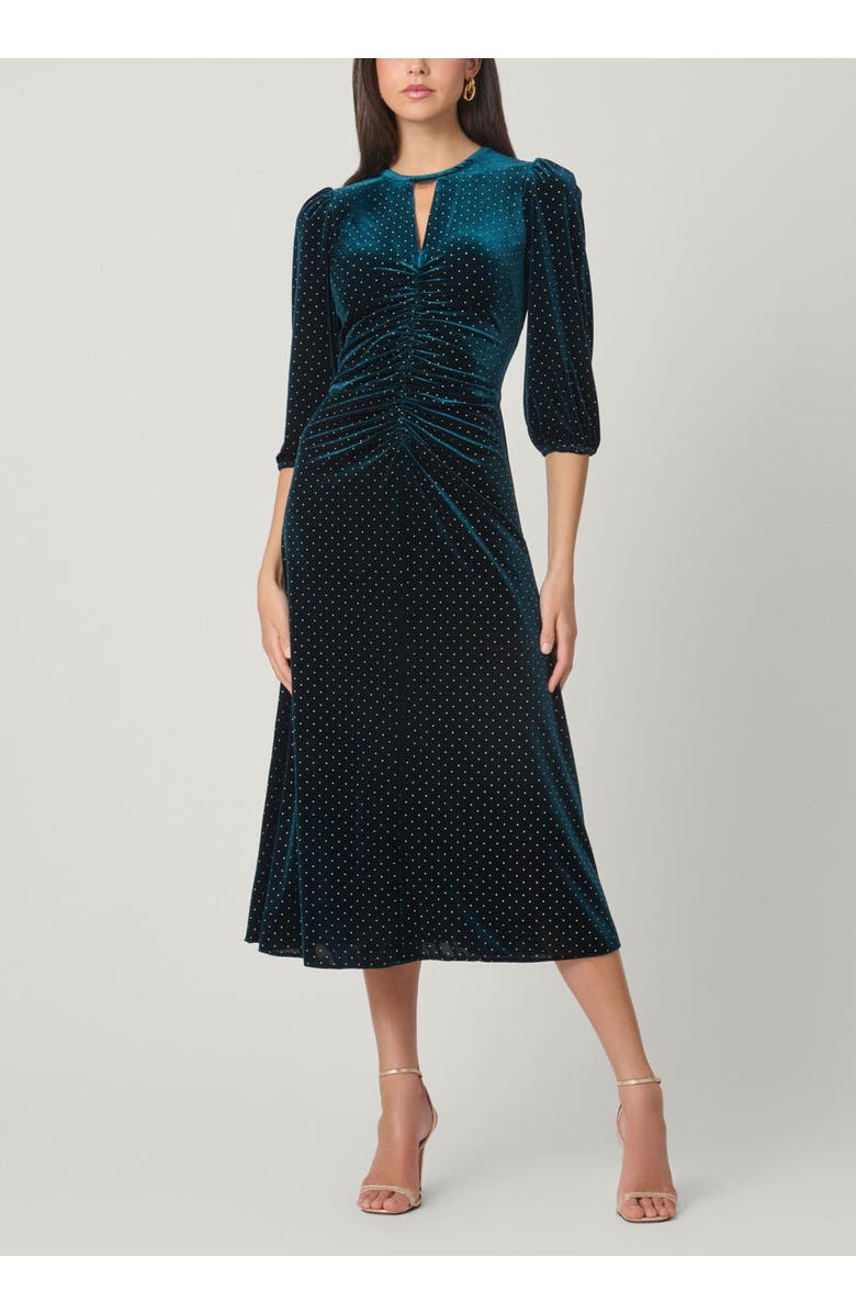 Shoshanna Luna Studded Velvet Dress, Main, color, Emerald