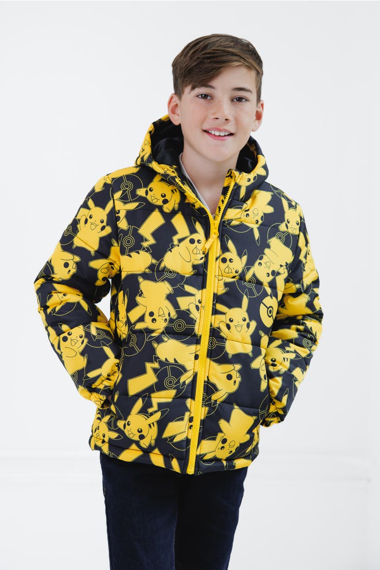 Pikachu Hooded Puffer Coat, Main, color, Black Pikachu Print