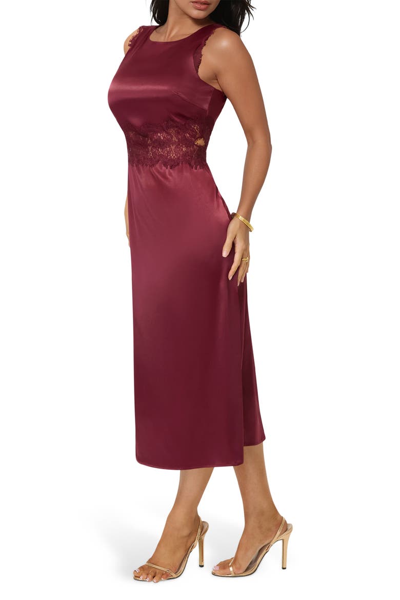 Lace Trim Satin Cocktail Dress, Alternate, color, WINE
