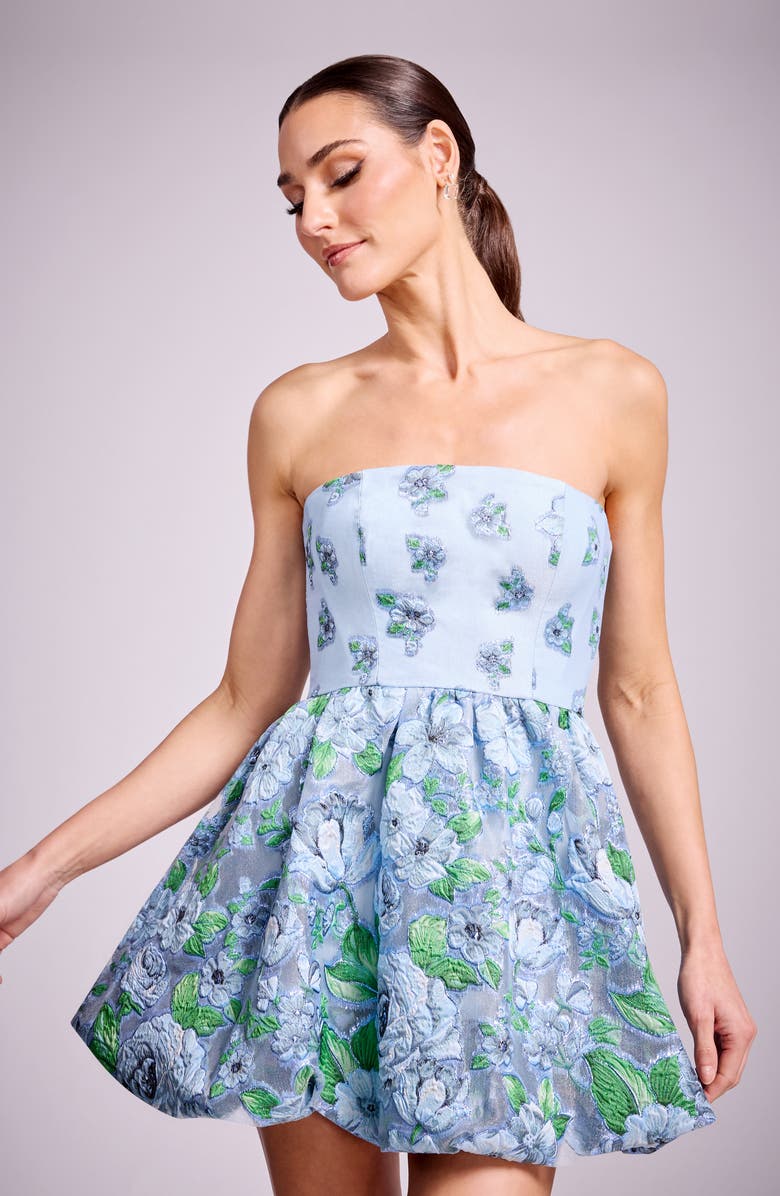 Dress the Population Spencer Metallic Embroidered Floral Strapless Bubble Hem Cocktail Minidress, Alternate, color, Sky Multi