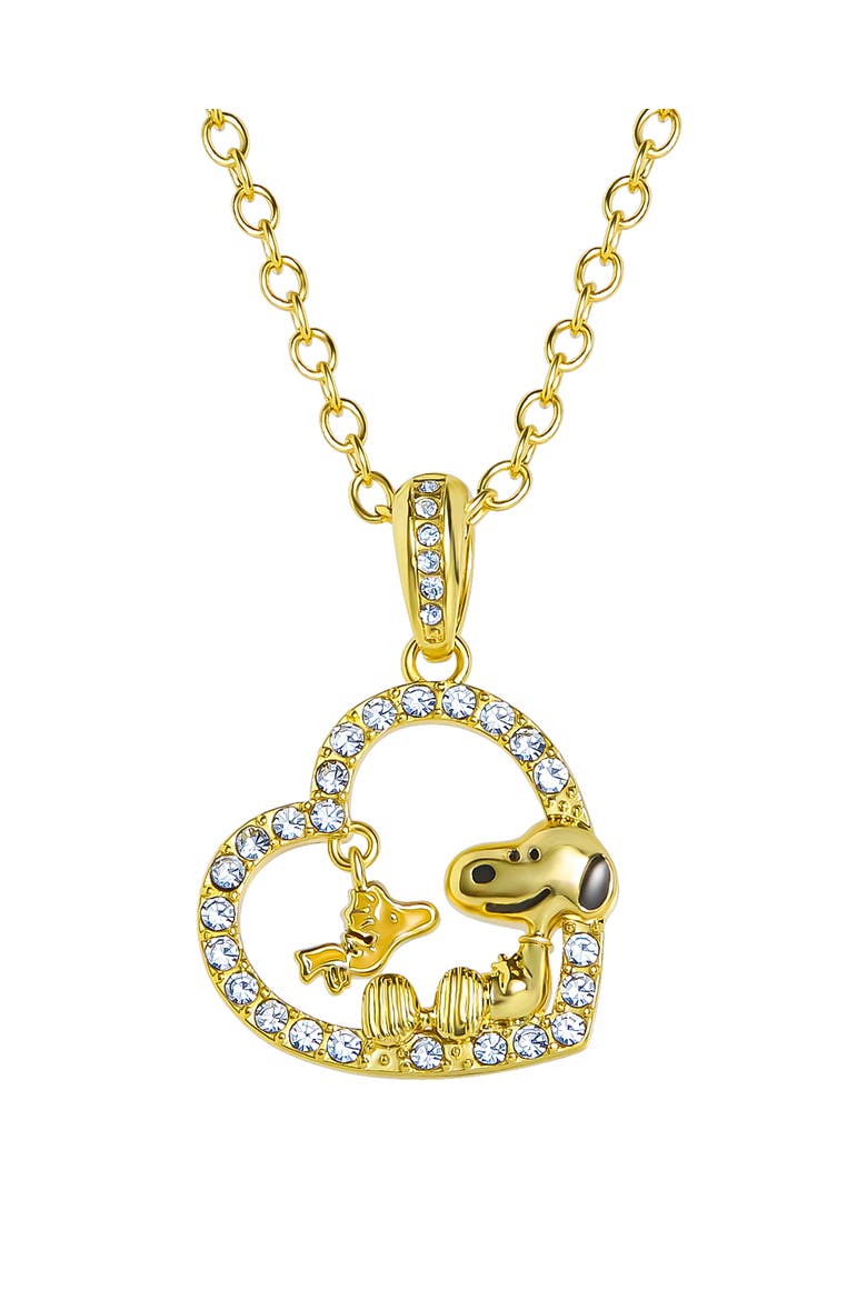 Woodstock and Snoopy Necklace, Crystal Heart Pendant, 16"+2", Main, color, Gold