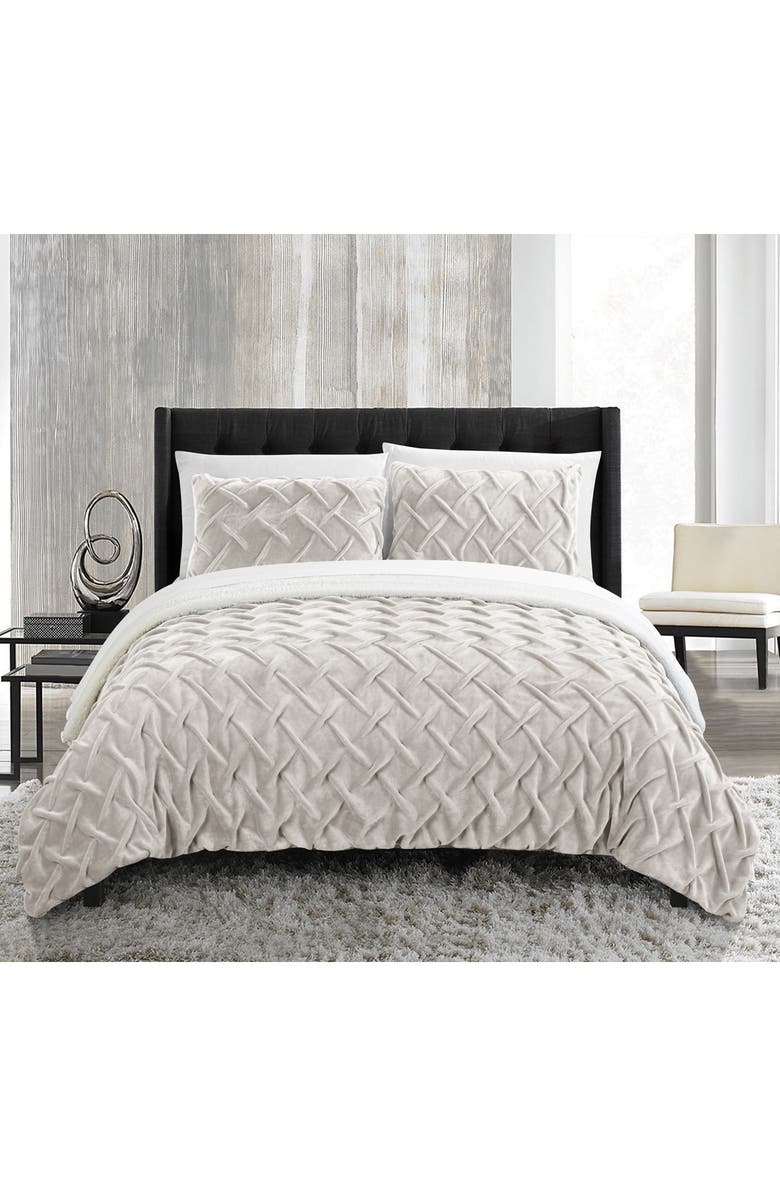 CHIC Thirsa Pinch Pleat Criss Cross Faux Shearling-Lined Queen 3-Piece Set - Beige, Main, color, 