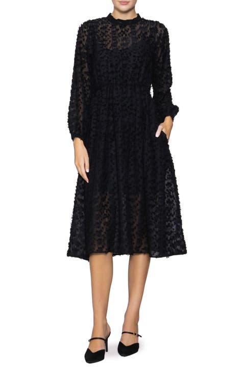 Leopard Spot Jacquard Long Sleeve Tiered Dress