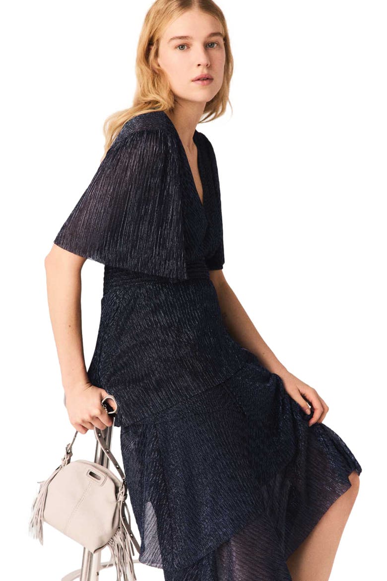 Metallic ruffled midi dress, Alternate, color, Navy