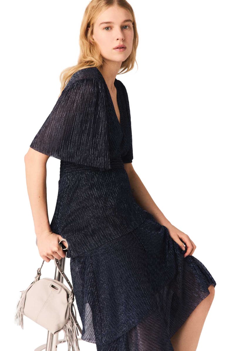 maje Metallic ruffled midi dress, Alternate, color, Navy