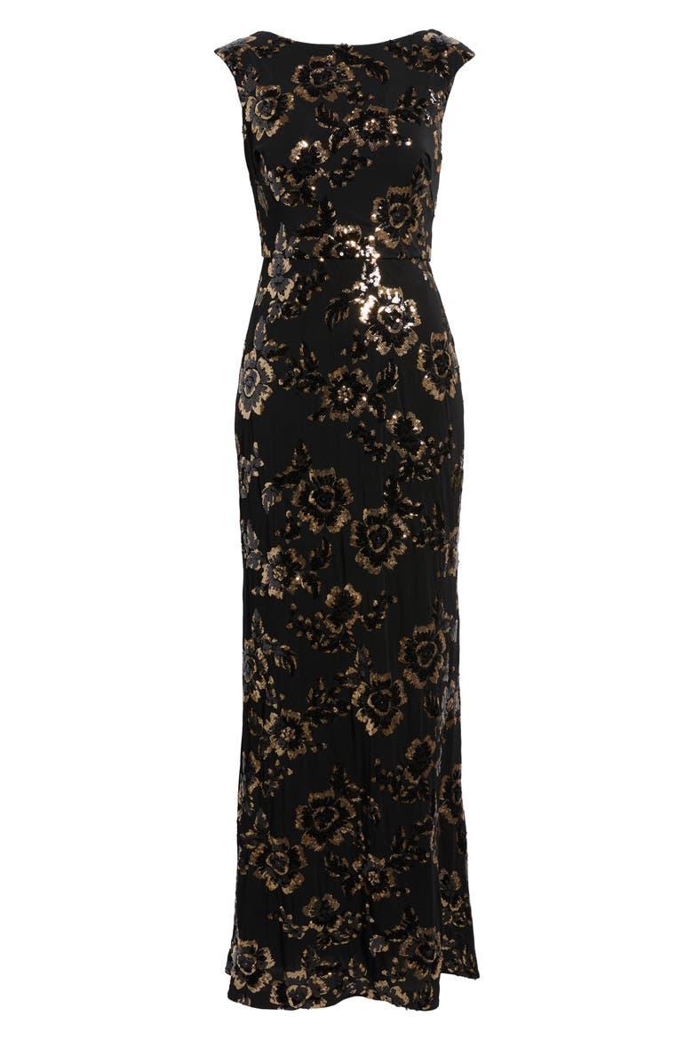Sequin Cap Sleeve Mermaid Gown, Alternate, color, BLACK GOLD