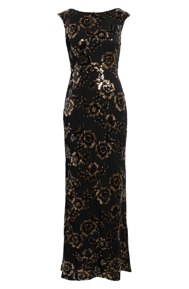 Eliza J Sequin Cap Sleeve Mermaid Gown, Alternate, color, Black Gold