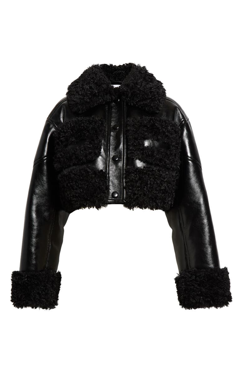 Stand Studio Fleur Faux Shearling Trim Crop Faux Leather Jacket, Alternate, color,