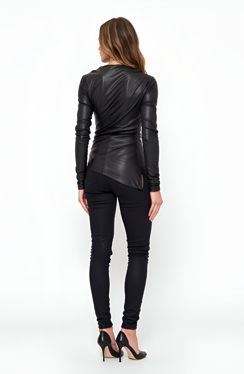 Modenaire Faux Leather Draped Asymmetrical Long Sleeve Top, Alternate, color, 