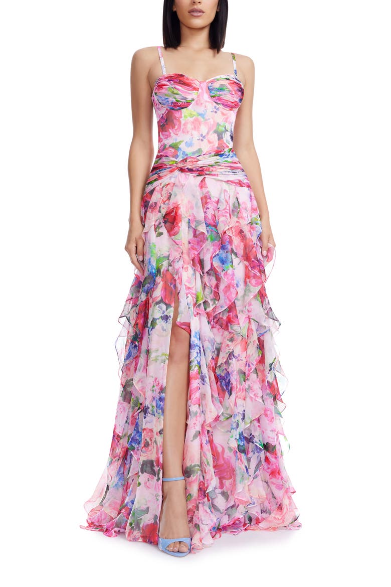 Lux Ruffle Evening Gown, Main, color, PINK ROSE MULTI