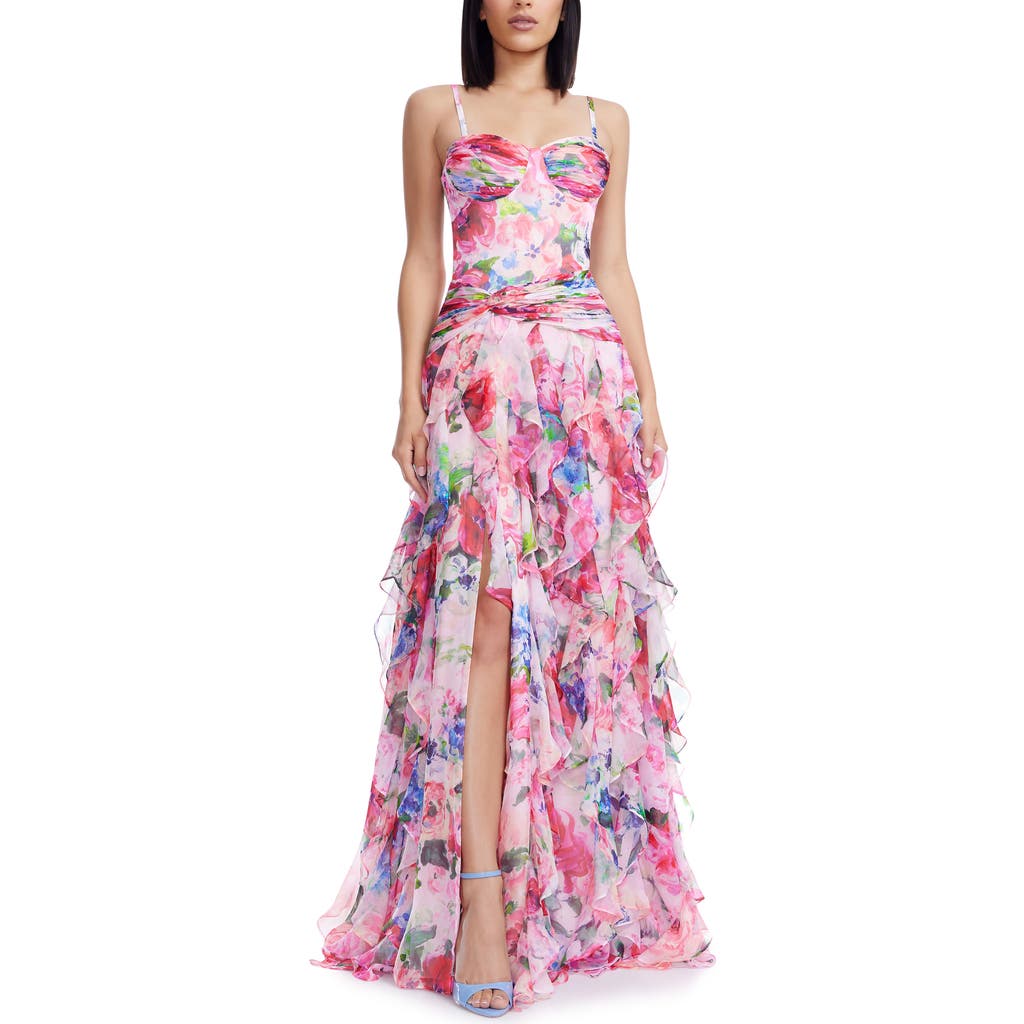 Dress The Population Lux Floral Cascading Ruffle Gown In Multi