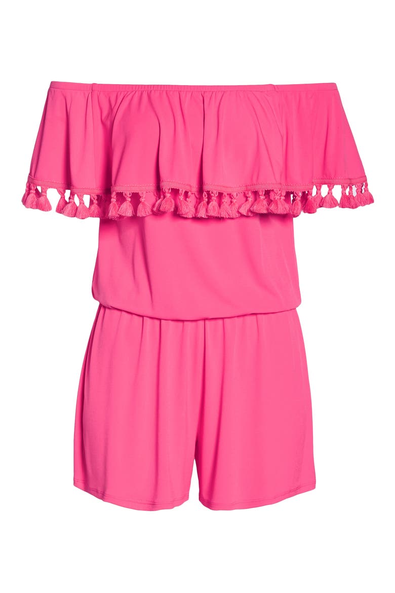 La Fortuna Off the Shoulder Romper, Alternate, color, PINK COSMO