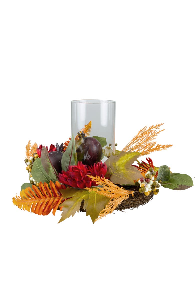 Northlight Mums with Pomegranate Fall Harvest Pillar Candle Holder Centerpiece - 22", Alternate, color, Red