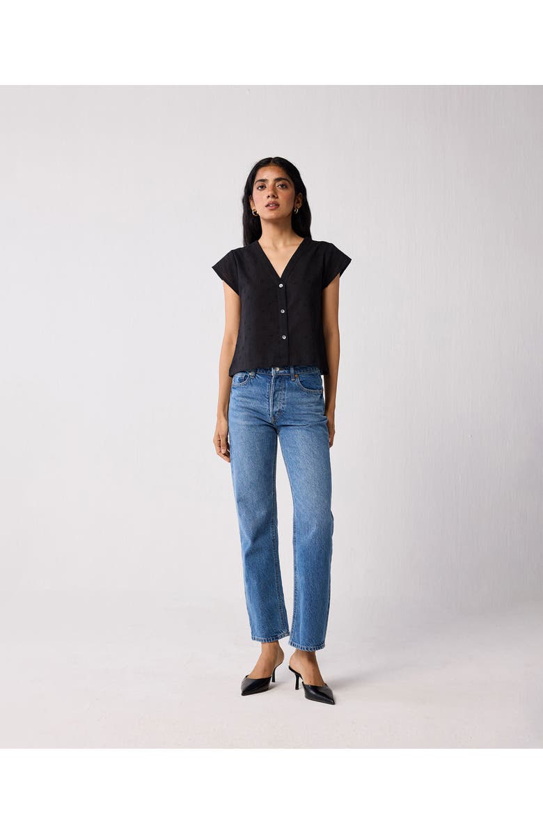 Reistor V-Neck Embroidered Top with Front Buttons, Alternate, color, Textured Eyelet In Black