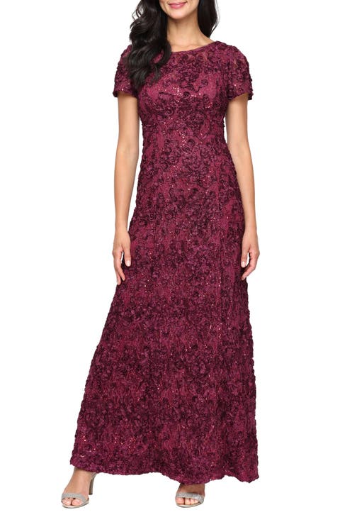 Sequin Soutache Short Sleeve A-Line Gown