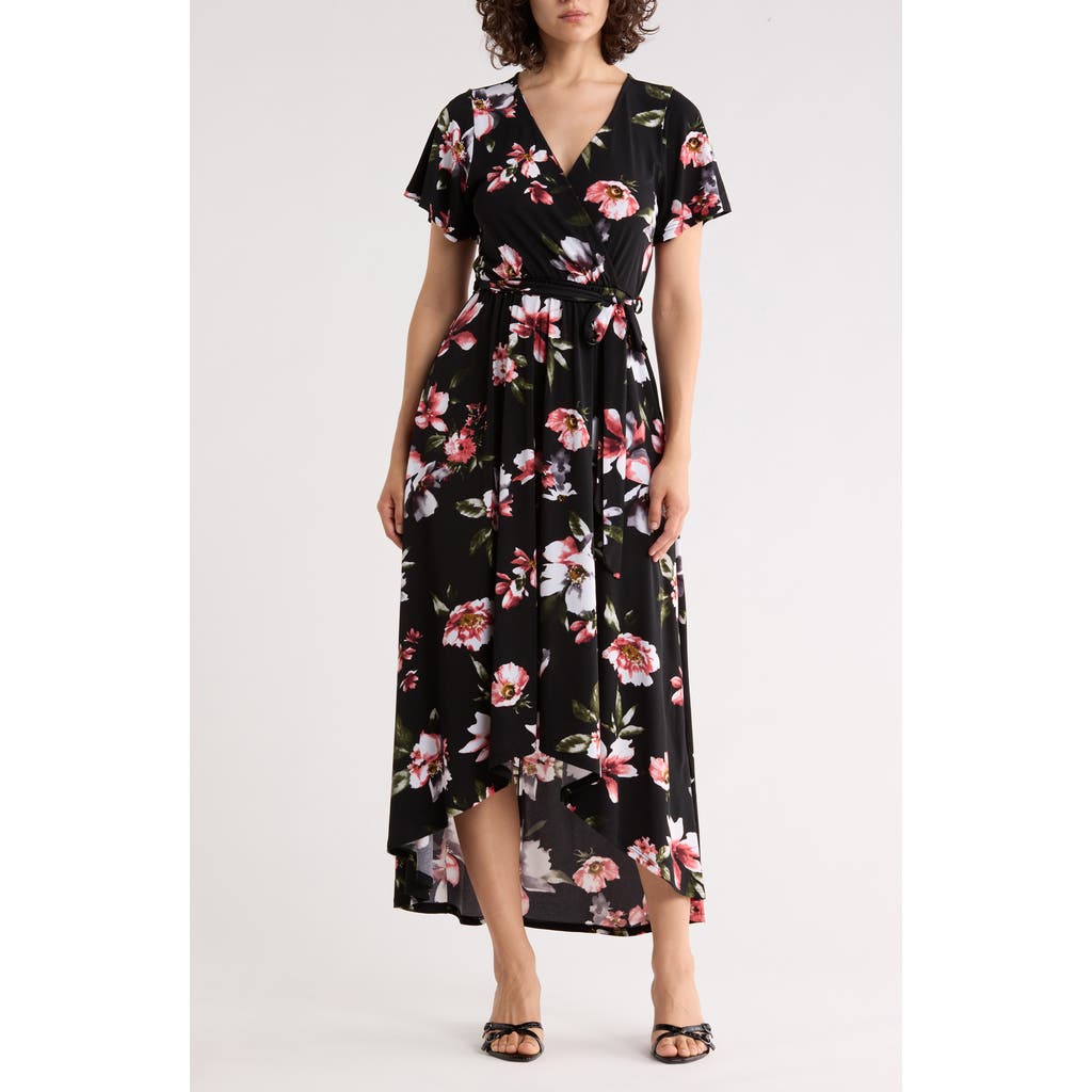 West K Flutter Sleeve High-low Dress In Black Floral