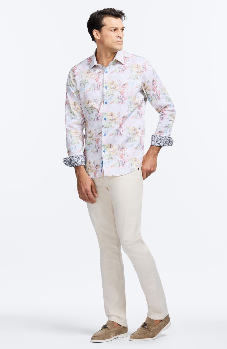 Robert Graham Payson Tropical Villa Print Stretch Cotton Button-Up Shirt, Alternate, color, Multi White