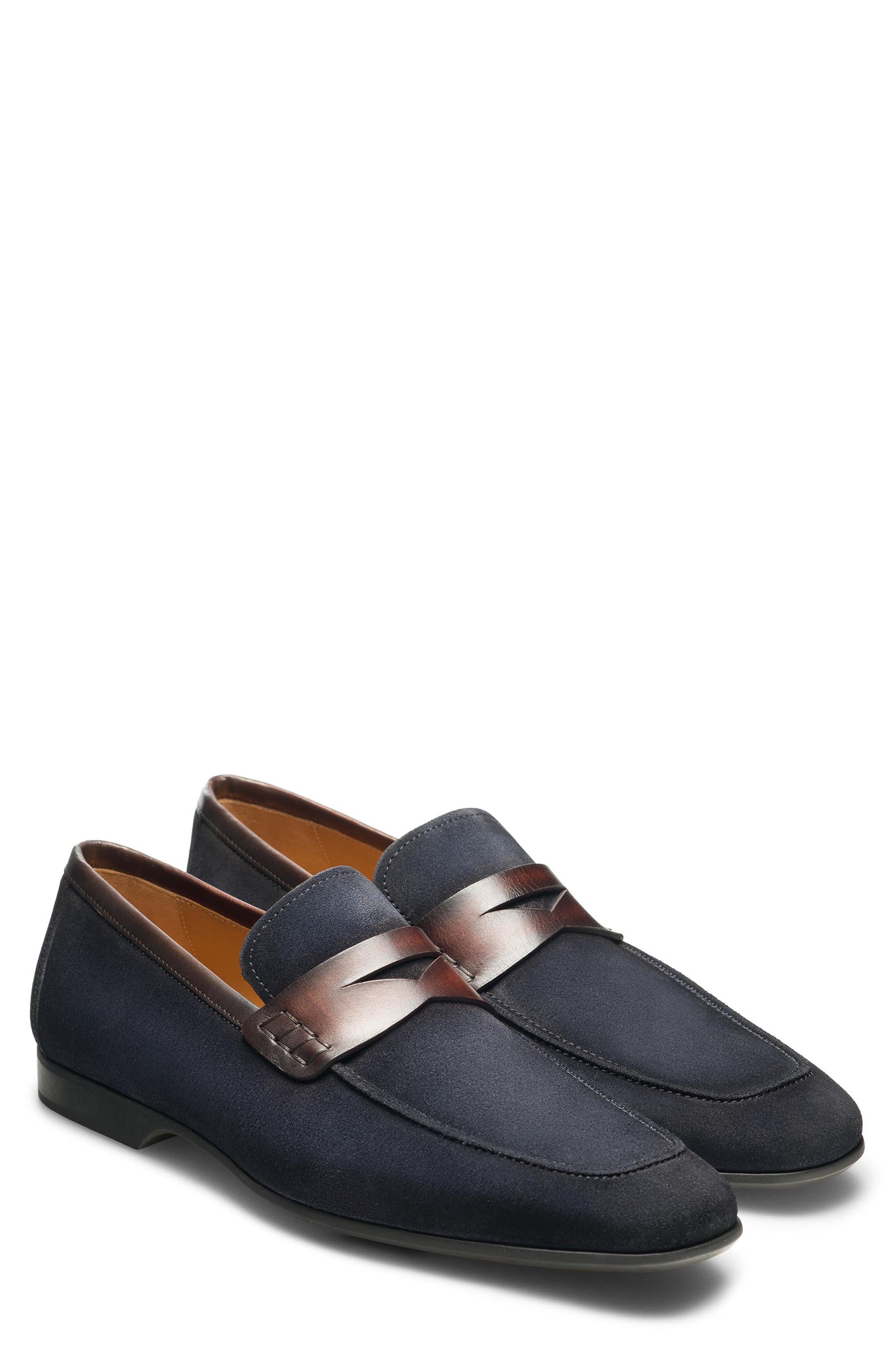 Magnanni Ramiro II Apron Toe Penny Loafer, Main, color, Navy / Med Brown