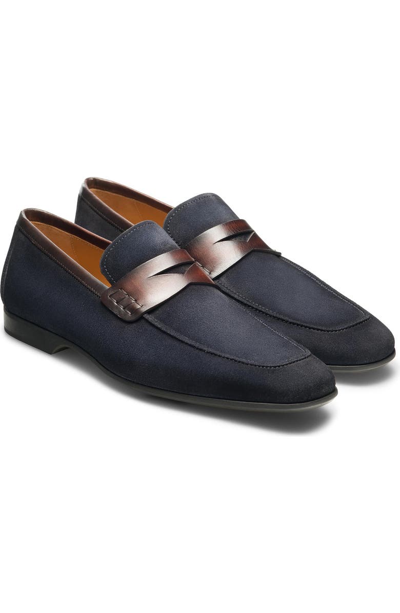 Magnanni Ramiro II Apron Toe Penny Loafer, Main, color, Navy / Med Brown