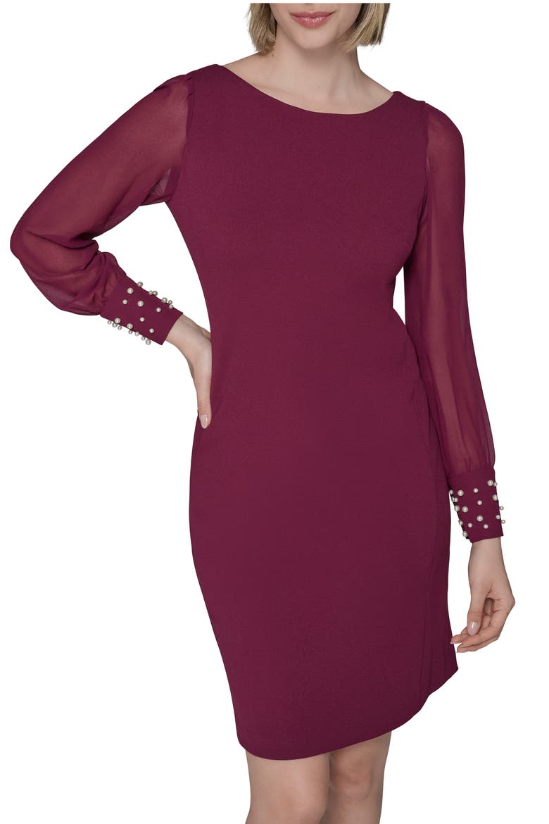 Faux Pearl Cuff Long Sleeve Scuba Crepe Sheath Dress, Alternate, color, WINE