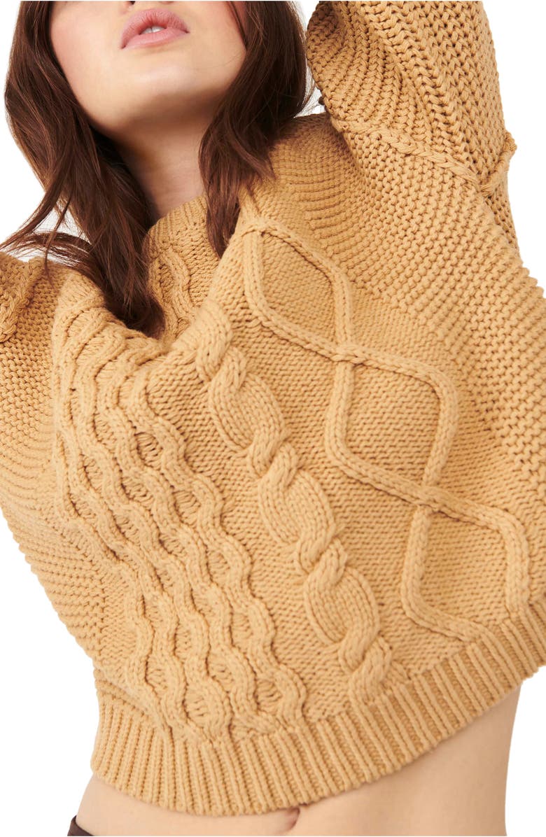 Free People Dream Cable Crewneck Sweater, Alternate, color, Classic Camel