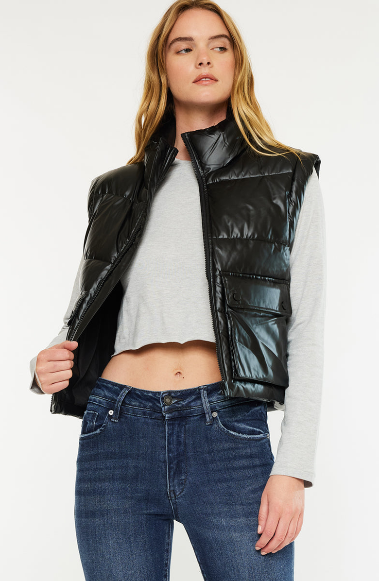 KanCan Obsidian Cropped Faux Leather Puffer Vest, Alternate, color, Black