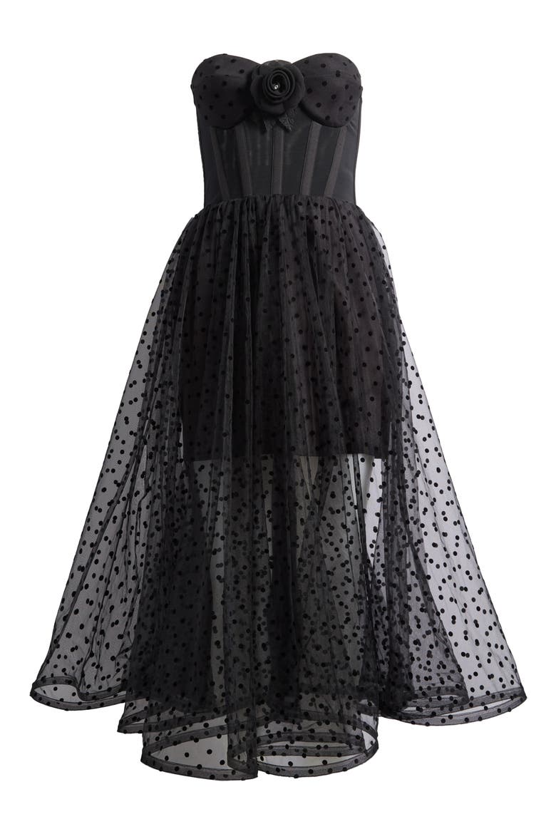 Valen Flocked Strapless Party Dress, Alternate, color, BLACK